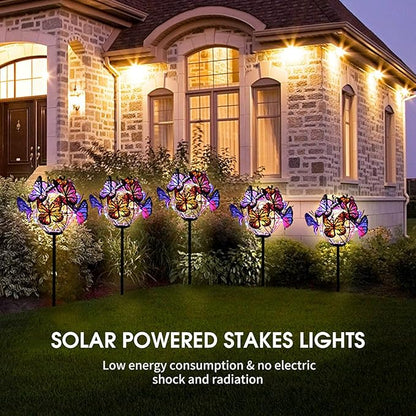 2Pcs Solar Outdoor Abs Metal Gradient Butterfly Shaped Led Solar Pathway Lights Auto Sensor Landscape Lighting for Lawn Walkway Yard