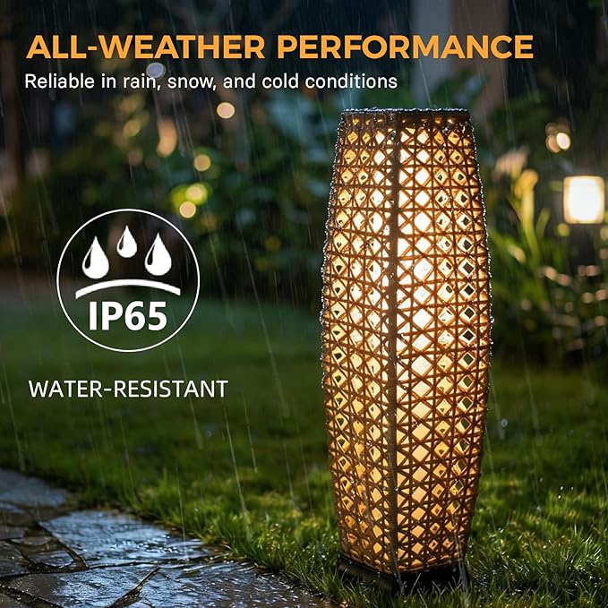 Grand patio 2-Piece Outdoor Floor Lamp Solar Lantern, Water-Resistant Wicker Boho Patio Light with 50/100 Lumens Dual Brightness & Memory Mode for Garden Porch Deck Decor, Large Diamond Natural