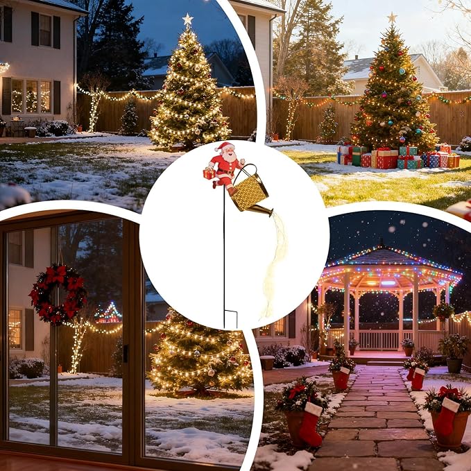 Christmas Santa Solar Kettle Lights, Waterproof Solar Watering Can with Cascading Lights, Garden Lawn Decorative Light, Hanging Metal Solars Santas Watering Can Led Light for Yard Pathway