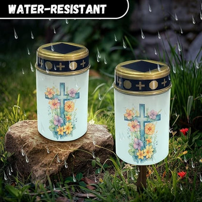 Cross Floral Solar Garden Stake Lights, Yard Solar Lights Cemetery Decorations for Grave Outdoor Sympathy Memorial Gift for Grandma, for Garden Lawn Patio Pathway Decor