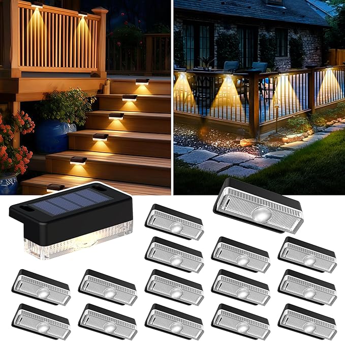 Solar Deck Lights Outdoor 16 Packs, Solar Powered LED Step Lights Waterproof Outdoor for Deck, Stairs, Step, Fence, Wall, Patio, Yard, Pool and Pathway (Warm White)