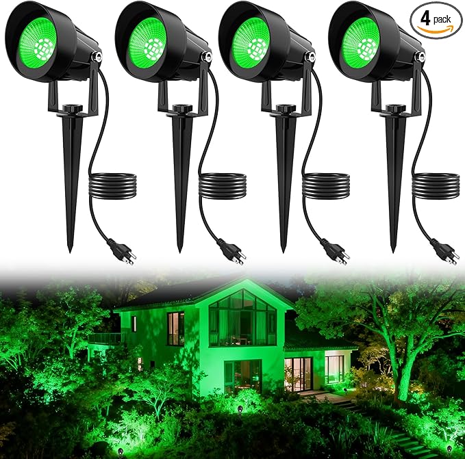 St. Patrick's Day Green Landscape Spotlights, 14 LED Landscape Lighting with US Plug, IP65 Waterproof Outdoor for Tree Yard Garden Pathway Halloween Christmas Decor, 4 Pack