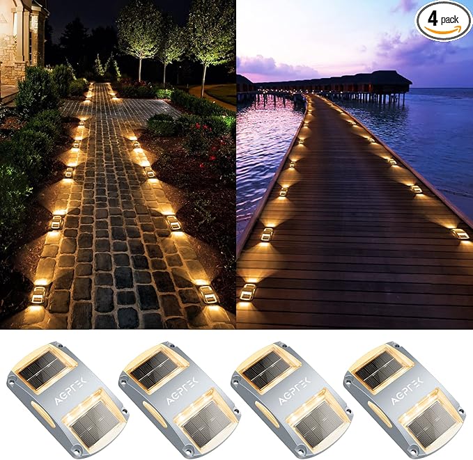 AGPTEK Solar Driveway Lights 4 Pack, Solar Deck Lights Outdoor Dock Marine Lights LED Dock Lights Solar Powered Waterproof Driveway Marker Lights for Warning Step, Sidewalk, Pathway, Garden, Yard