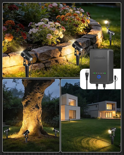 All-in-One LED Low Voltage Landscape Lighting Kit, 12-Pack Landscape Lights with Transformer, 100FT Wire and Connectors, 3000K Waterproof Outdoor Spotlights for Yard Garden Tree House W02LK06