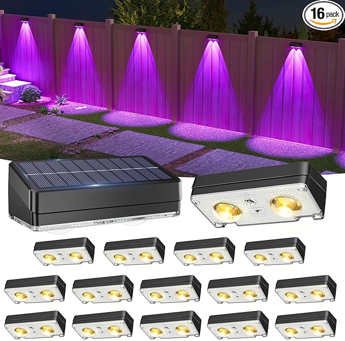 VOLISUN Solar Fence Lights 16 Pack, Warm White, Cool White and RGB Color Glow LED Lamp, IP65 Waterproof Fence Solar Lights Outdoor for Patio, Backyard, Railing, Deck and Wall（Black）