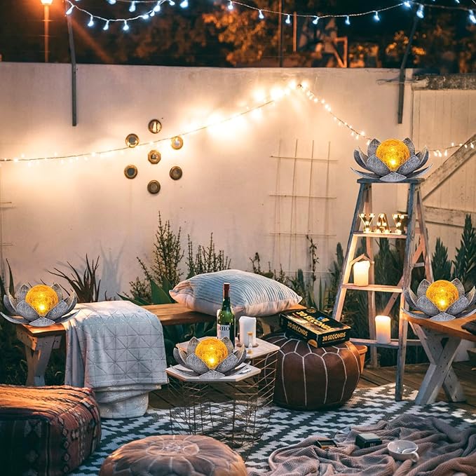 Ragyzity Lotus Solar Lights Outdoor, Bright Lotus Flower Table Lamp, Art Crackle Globe Glass Lotus Decoration, Waterproof Led Metal Flower Light Garden Table Decor for Patio Porch Pathway Lawn Pond