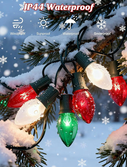 25FT C9 Christmas Lights Outdoor,Red White Green Christmas Lights with 26 Bulbs(1 Spare),C9/ E17 Base,Vintage Colored String Light for Garden, Yard, Party, Xmas Tree Decorations
