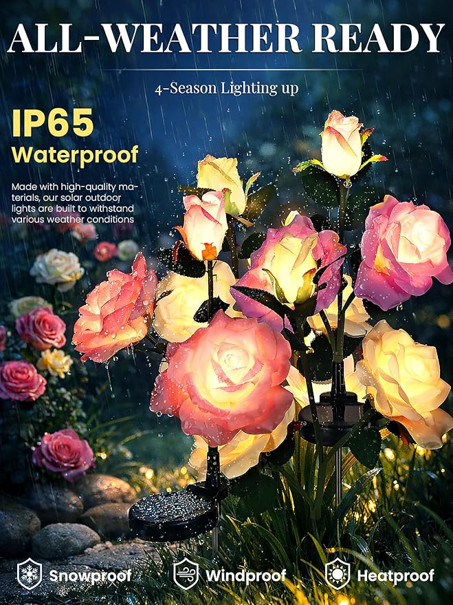GIGALUMI Solar Lights Outdoor for Garden Decor, 6 Pack Solar Flower Lights Waterproof, 2 Lighting Modes 18 Rose Flowers for Pathway,Yard, Patio Decoration, Gardening Gifts for Women (Multi-Colored)