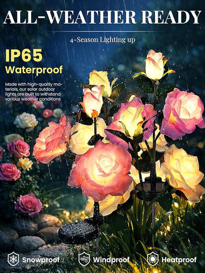 GIGALUMI Solar Lights Outdoor for Garden Decor, 6 Pack Solar Flower Lights Waterproof, 2 Lighting Modes 18 Rose Flowers for Pathway,Yard, Patio Decoration, Gardening Gifts for Women (Multi-Colored)