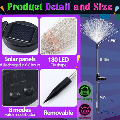 4th of July Decorations Outdoor 4 Pack Colored Solar Firework Lights with 180 LED Patriotic Solar Lights 8 Lighting Modes for Yard Pathway Garden Patio Party Decorations(Green, Yellow, Purple)