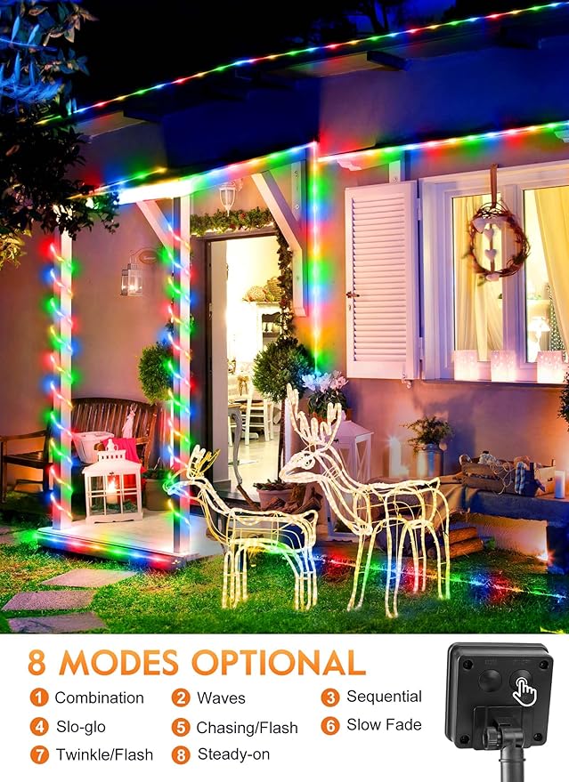 Brightown Solar Rope Lights, 2-Pack 39FT 100LED IP65 Waterproof Solar Outdoor Lights, Solar Powered Fairy Lights with 8 Lighting Modes for Party Garden Yard Home Holiday Tree Decoration, Multicolor