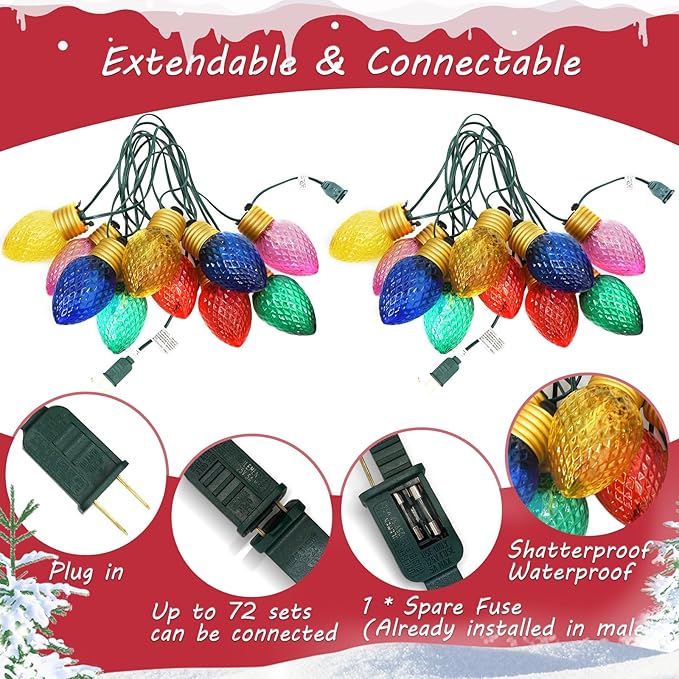 SUNSGNE Jumbo Christmas Hanging String Lights 16FT Large Xmas Lights with 10 Count 5'' LED Giant Multicolor Bulbs, C7 Big Bulb Vintage Christmas Light for Indoor Outdoor Roof Yard Decor, Green Wire
