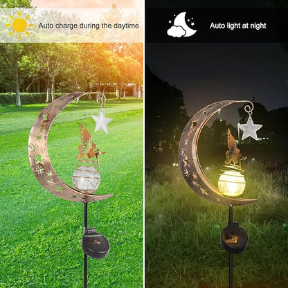 Solar Lights Outdoor Garden,Moon Fairy Solar Light, Decorations Crackle Glass Globe with Angel Pathway Stake Light, Waterproof Lights for Pathway Lawn Patio, Black