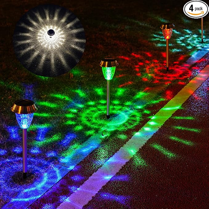 Solar Pathway Lights Outdoor 4 Pack, Glass & Metal Solar Lights with 10 Lumens Brightness, IP65 Waterproof, Warm White & RGB Modes, Decorative Solar Garden Lights for Yard, Walkway, Driveway