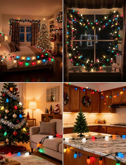 C7 LED Christmas Lights 25Ft Multicolor Christmas String Lights Outdoor with 27 Ceramic LED Light Bulbs, String Lights for Tree Decor Patio Carnival, E12 Candelabra Base Base