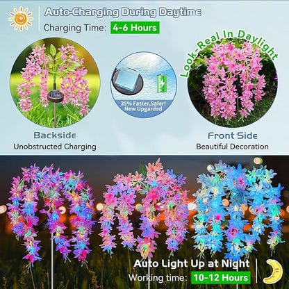 Neporal Solar Flowers Outdoor Waterproof IP65, 5 Lilac Flower Vines with 140+ Flowers, 2 Lightning Modes &Enlarged Solar Panel, 6PK Blue/Pink/Purple Solar Garden Lights Outdoor for Garden, Yard Decor