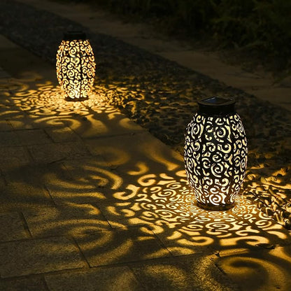 2 Pack Metal Hanging Solar Lanterns - Outdoor Solar Powered Lanterns with Handle, Waterproof, Decorative Garden Lights for Patio, Yard, Pathway, Walkway, Porch