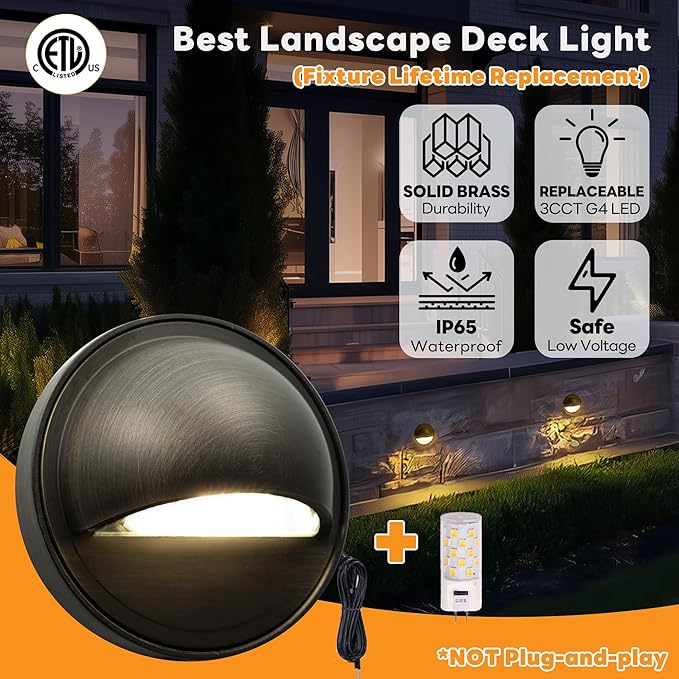 Gardenreet Solid Brass Deck Lights - Low Voltage LED Step Lights Outdoor, 12V Landscape Hardwired Waterproof Bronze | Lumora