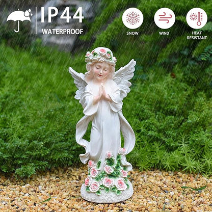 Solar Garden Statues Lights, Guardian Angel Figurines Light with Flower, Resin Praying Angel Figurine Lights Landscape Light, Outdoor Decor Garden Figurine for Patio Balcony Yard Lawn (White Angel)