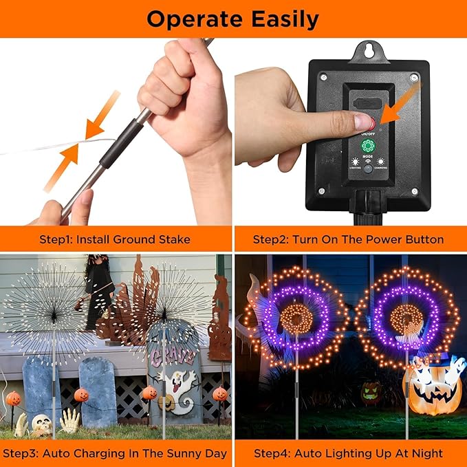 4 Pack Solar Halloween Firework Lights Outdoor Waterproof, 8 Modes Orange & Purple Black Spooky Solar Garden Lights with Timer Remote for Outside Yard Patio Pathway Lawn Halloween Decor
