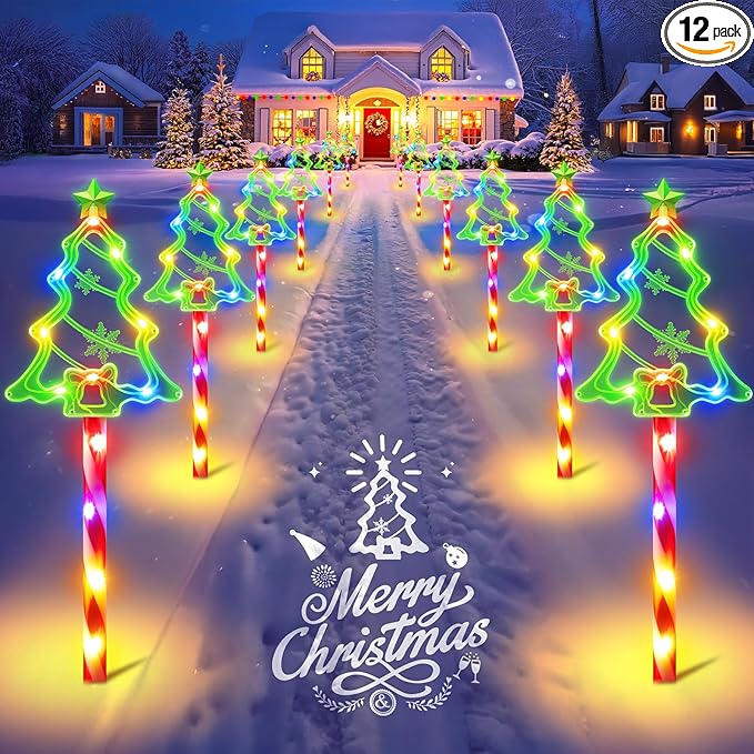 12 Pack Christmas Solar Pathway Lights Outdoor Decorations, 10 Modes Christmas Tree Candy Stake Lights with 156 | Lumora