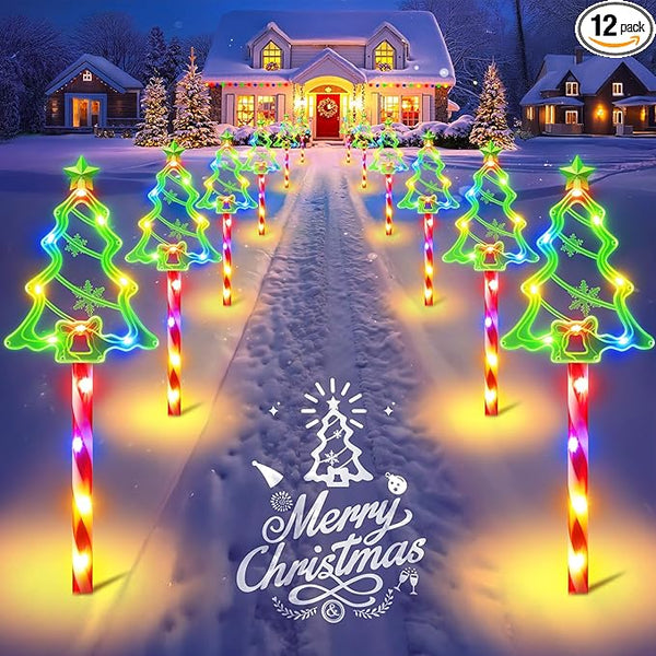 12 Pack Christmas Solar Pathway Lights Outdoor Decorations, 10 Modes Christmas Tree Candy Stake Lights with 156 | Lumora