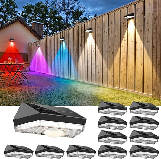 Solar Fence Lights,Warm White & Cool White & RGB 7Colors ＆ Color Changing Mode IP65 Waterproof Solar Lights Outdoor, Solar Deck Lights for Outside/Patio/Backyard/Wall/Pool/Fence/Railing/Step(12Pack)