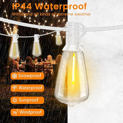 LED Outdoor String Lights 100ft ST38 White Waterproof Patio Lights with 50 Vintage Shatterproof Bulbs(3 Spare), Dimmable Outside Hanging Edison String Lights for Backyard Porch Balcony, Warm White