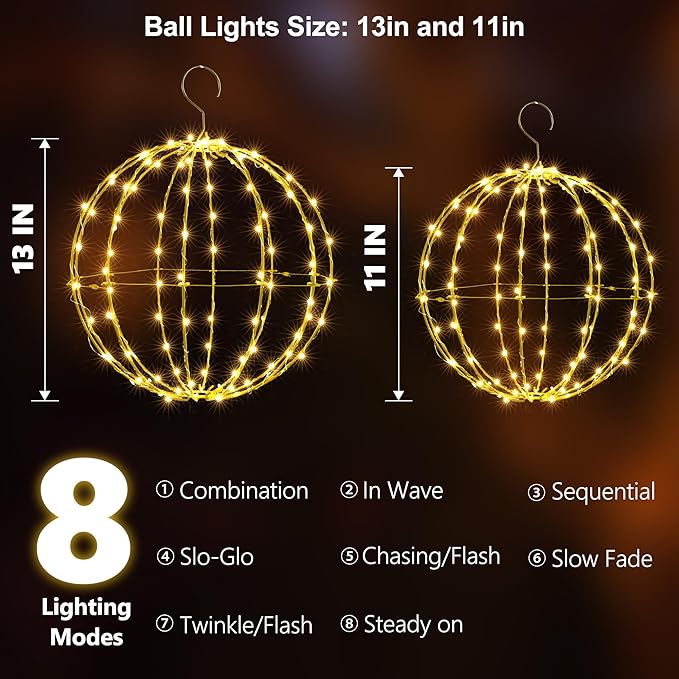 Joomer Battery Operated Ball Lights 2Pack, 13IN & 11IN 120 LED Foldable Metal Sphere Lights - Outdoor String Light | Lumora