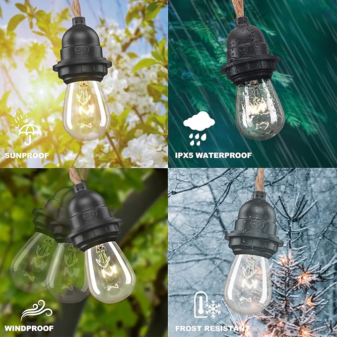 EE Eleven Master 48 FT Hemp Rope Outdoor String Lights Waterproof Patio Lights with 15 Shatterproof Heavy-Duty Commercial Grade Connectable Weatherproof E26 S14