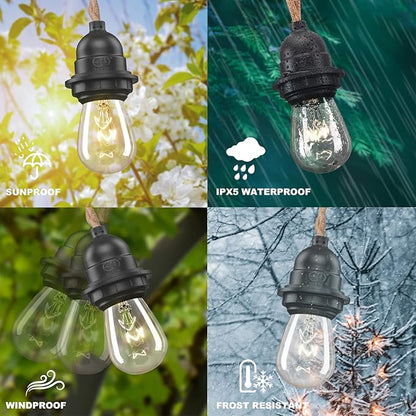 EE Eleven Master 48 FT Hemp Rope Outdoor String Lights Waterproof Patio Lights with 15 Shatterproof Heavy-Duty Commercial Grade Connectable Weatherproof E26 S14