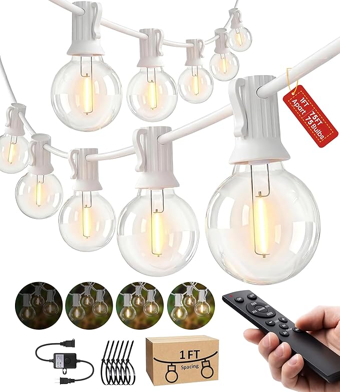 Outdoor-String-Lights-Patio-LED-Light-Outside 75FT Waterproof Dimmable Remote Outdoor Lighting 75 Globe Plastic G40 Bulbs Hanging Lights Connectable for Backyard Porch Party 1FT Bulbs spacing
