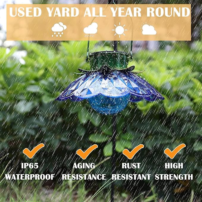 XUWEN Solar Lights Outdoor Waterproof - Blue Solar Flower Lights with Crackle Globe Glass Light, Hanging Lanterns | Lumora