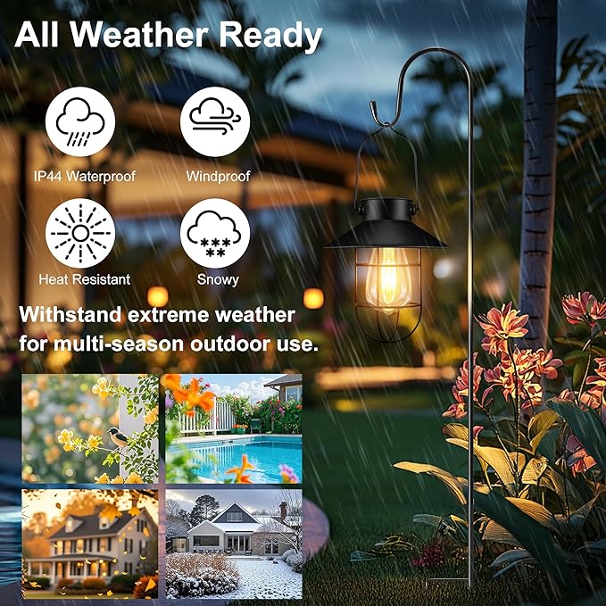 pearlstar 2 Pack Solar Lights Outdoor, Hanging Solar Lanterns with Edison Bulb and 2 x 32 Inch Shepherd Hooks | Lumora