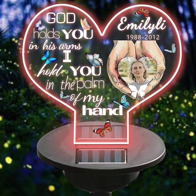 Personalized Memorial Garden Solar Outdoor Lights with Photo Name Custom Grave Decor Solar Lights for Sympathy Gifts for Loss of Loved One in Loving Memory Memorial Gift (A-Round -2)