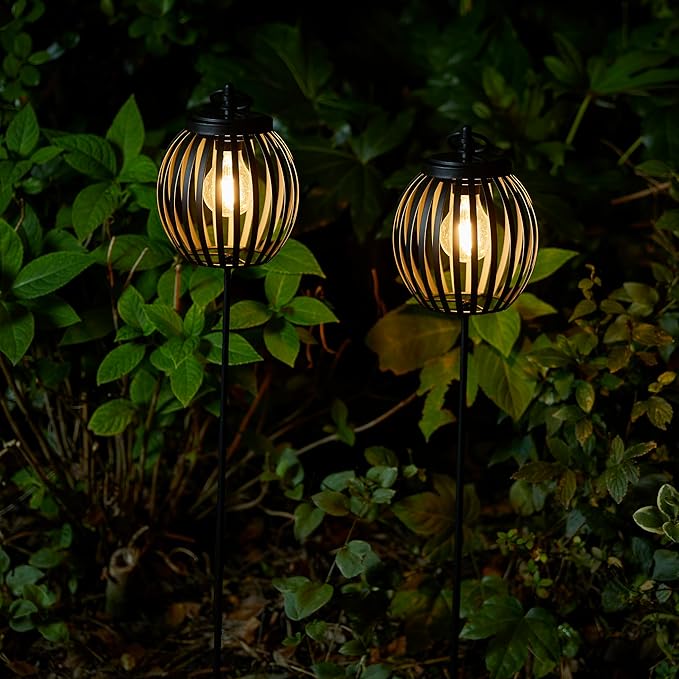 Glitzhome 2Pcs 32.25" H Solar Pathway Lights Outdoor, Solar Metal Pathway Lantern with Shepherd Hook for Path Patio | Lumora