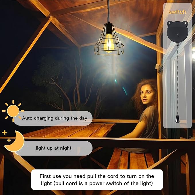 Solar Pendant Lights, Solar Powered Shed Light with Pull Cord and Remote for Outdoor Indoor, Solar Chandelier, Gazebo Light with Adjustable Panel for Yard Patio Balcony Barn Garage