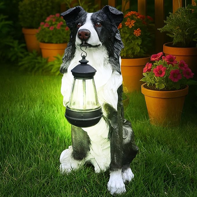 Outdoor Border Collie Dog Statue with Interchangeable Welcome Sign and Detachable Solar Lantern –LED Light Garden Dog Sculpture Décor, Cute Puppy Design for Yard, Porch, Gift
