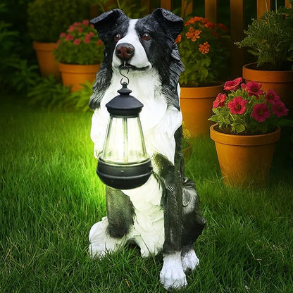 Outdoor Border Collie Dog Statue with Interchangeable Welcome Sign and Detachable Solar Lantern –LED Light Garden Dog Sculpture Décor, Cute Puppy Design for Yard, Porch, Gift