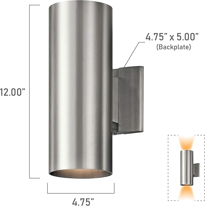 Kichler Cylinders 12" 2-Light Cylinder Outdoor Wall Sconce in Brushed Aluminum, (12" H x 4.75" W), 9244BA | Lumora