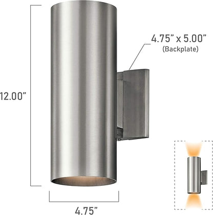 Kichler Cylinders 12" 2-Light Cylinder Outdoor Wall Sconce in Brushed Aluminum, (12" H x 4.75" W), 9244BA