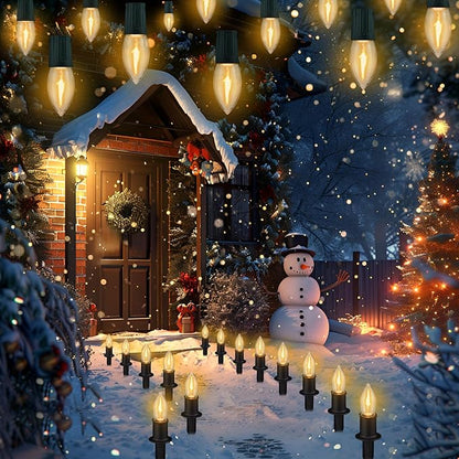 Christmas Pathway LED Lights Outdoor, 20 Lights C9 Walkway Lights with Stakes, 24.2ft Clear Driveway Christmas Lights for Pathway, Warm White, Extendable for Outdoor Decorations