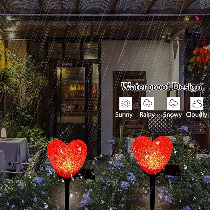 Valentines Day Solar Heart Lights Outdoor, 2Pcs Waterproof Solar Valentines Day Decorations Red Heart Nano-Lights Outside Valentine Lights for Yard Cemetery Grave Garden Walkway