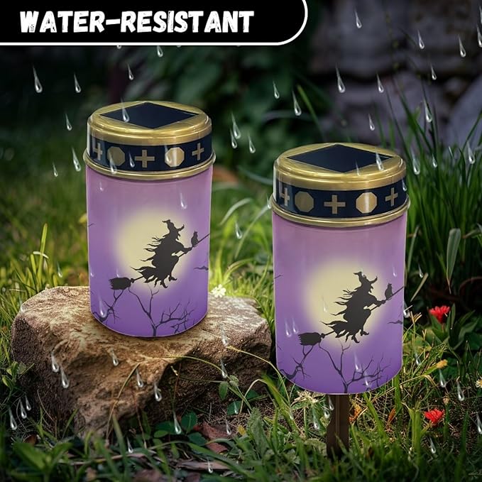 Solar Garden Lights Witch Moon Print Solar Outdoor Lights Waterproof Solar Lights for Cemetery Halloween Decoration Landscape Path Lights LED Solar Lamp for Yard Garden Driveway
