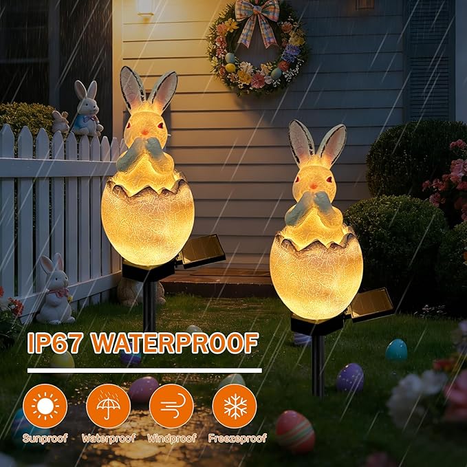 Solar Easter Egg Bunny Lights Outdoor, Waterproof Easter Solar Lights Rabbit Bunny Garden Statue Easters Yard Egg Decorations Outdoor for Outside Cemetery Grave (Blue Don't Speak)