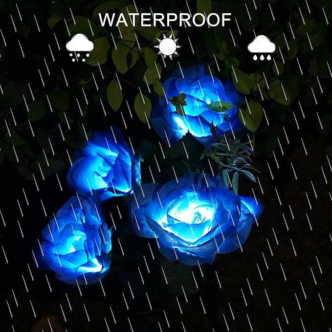 Solar Rose Garden Lights, 2 Pack Realistic Flower Lights, Waterproof LED Decorative Stake Landscape for Patio Pathway Grave Cemetery Outdoor Decor (Blue)