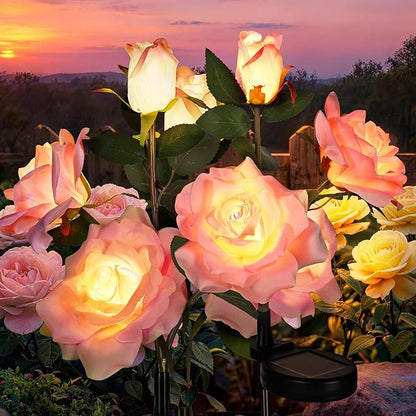 GIGALUMI Solar Lights Outdoor for Garden Decor, 3 Pack Solar Flower Lights Waterproof, 2 Lighting Modes 9 Rose Flowers for Pathway,Yard, Patio Decoration, Gardening Gifts for Women (Pink)