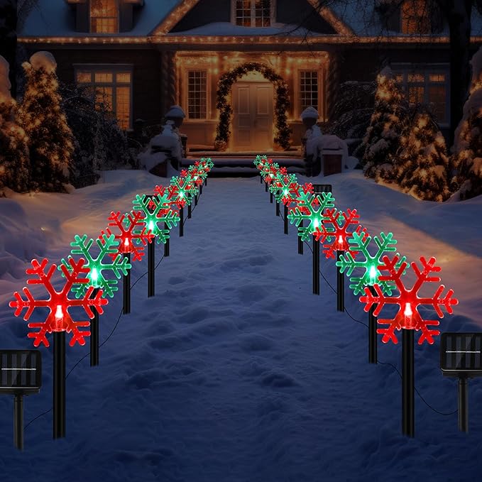 Macarrie 20 Pcs Solar Christmas Snowflake Pathway Lights Outdoor LED Christmas Decorations Waterproof Stake Lights Xmas Decorative Lights for Garden Yard Christmas Decor(Red Green Light)