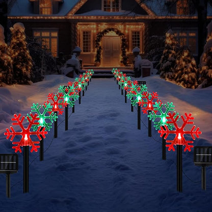 Macarrie 20 Pcs Solar Christmas Snowflake Pathway Lights Outdoor LED Christmas Decorations Waterproof Stake Lights Xmas Decorative Lights for Garden Yard Christmas Decor(Red Green Light)