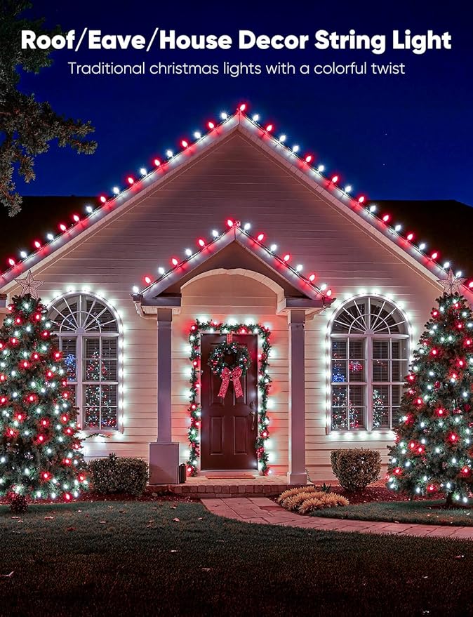 Vintage C9 LED Christmas Lights Outdoor, 100 Feet String with 100 Shatterproof Matte Bulbs, Connectable Waterproof Tree Lights for Holiday Roofline Backyard Garden Decor, Red & Pure White